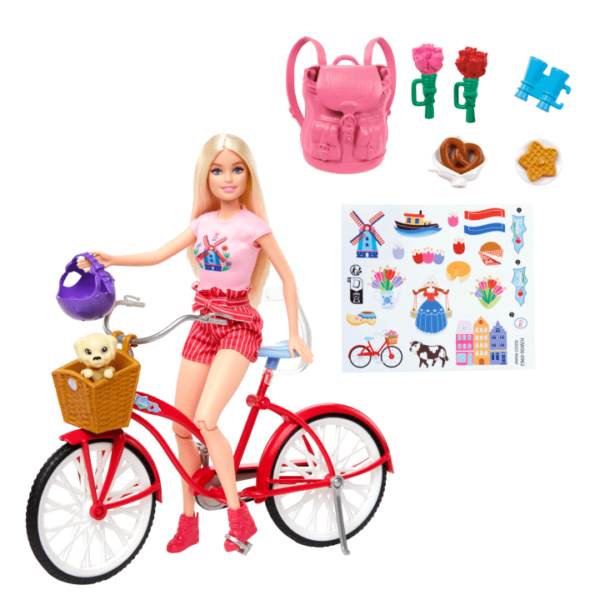 Barbie Pink Passport Holland Doll Set With Bicycle, Clothes, & Travel Accessories HWJ00