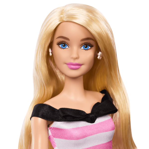 Barbie 65th Anniversary Fashion Doll With Blonde Hair, Pink Striped Dress And Accessories HTH66 - Image 4