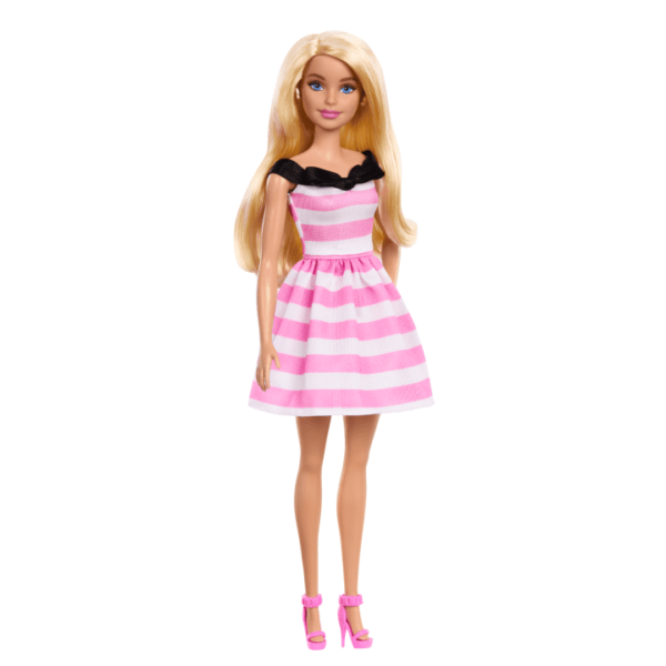 Barbie 65th Anniversary Fashion Doll With Blonde Hair, Pink Striped Dress And Accessories HTH66