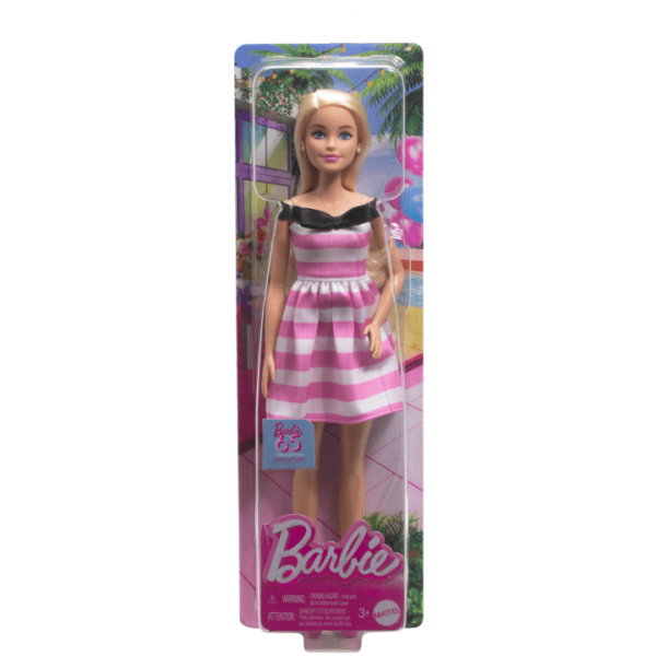 Barbie 65th Anniversary Fashion Doll With Blonde Hair, Pink Striped Dress And Accessories HTH66 - Image 5