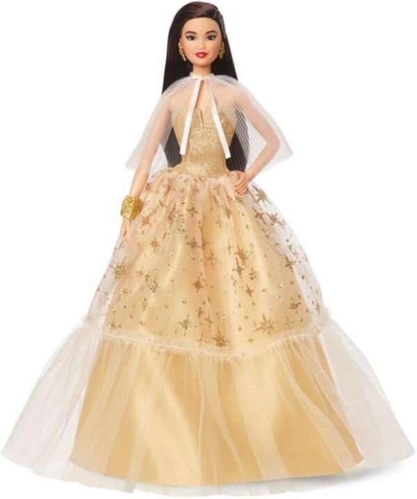 Barbie Signature Barbie Holiday Magic Collectible Doll with Black Straight Hair and Golden Dress Display Pack Party Gift HJX07