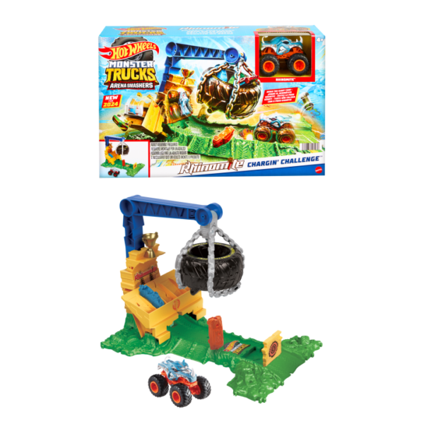 Hot Wheels Monster Trucks Rhinomite Chargin’ Challenge Playset With 1 Toy Truck & 2 Crushed Cars HTP18