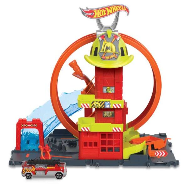 Hot Wheels City Super Loop Fire Station Playset, Track Set With 1 Toy Car HKX41