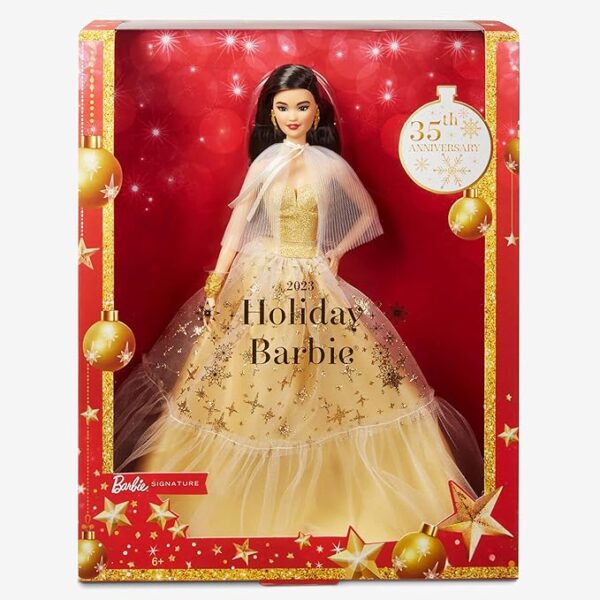 Barbie Signature Barbie Holiday Magic Collectible Doll with Black Straight Hair and Golden Dress Display Pack Party Gift HJX07 - Image 4