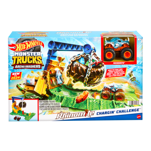 Hot Wheels Monster Trucks Rhinomite Chargin’ Challenge Playset With 1 Toy Truck & 2 Crushed Cars HTP18 - Image 6