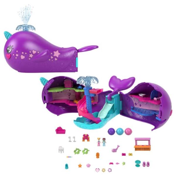 Polly Pocket Sparkle Cove Adventure Narwhal Adventurer Boat Playset With 2 Micro Dolls & 13 Accessories HKV71