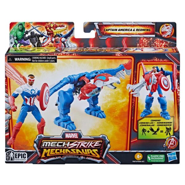 Marvel Mech Strike Mechasaurs Captain America (4”) with Redwing Mechasaur Action Figures F6675 - Image 2